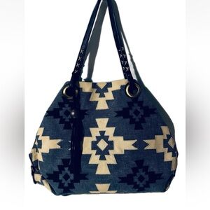 Lucky Brand Aztec Linen Cotton Blue Patchwork Boho Large Tote Bag with Tassel